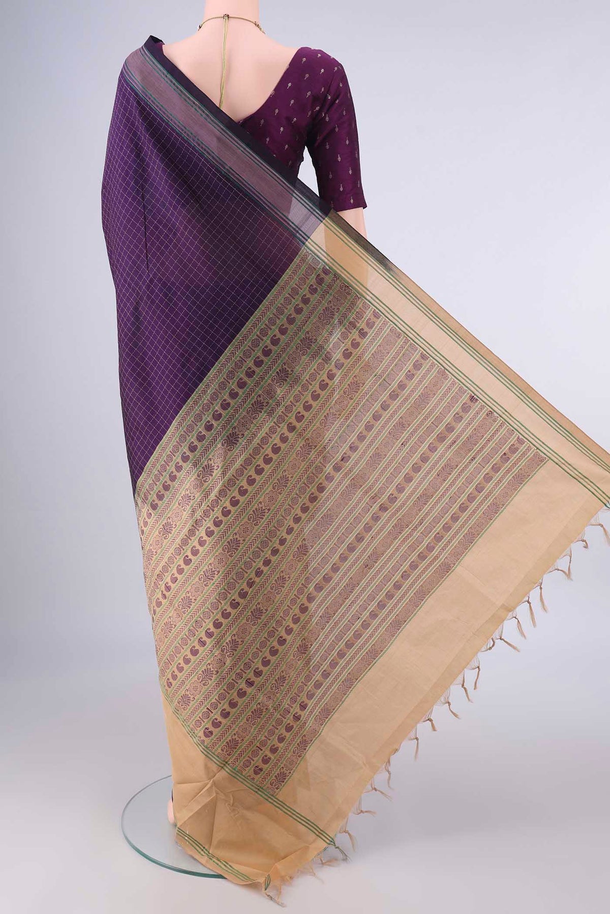 Flat view of Burgundy Blended Poly Cotton Saree with Checked design on the body and Thread Border. 