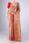 Gold with Red Dual Tone Kanjivaram Tissue Silk Saree with Zari Brocade on the body and Zari Border.  displayed on a mannequin