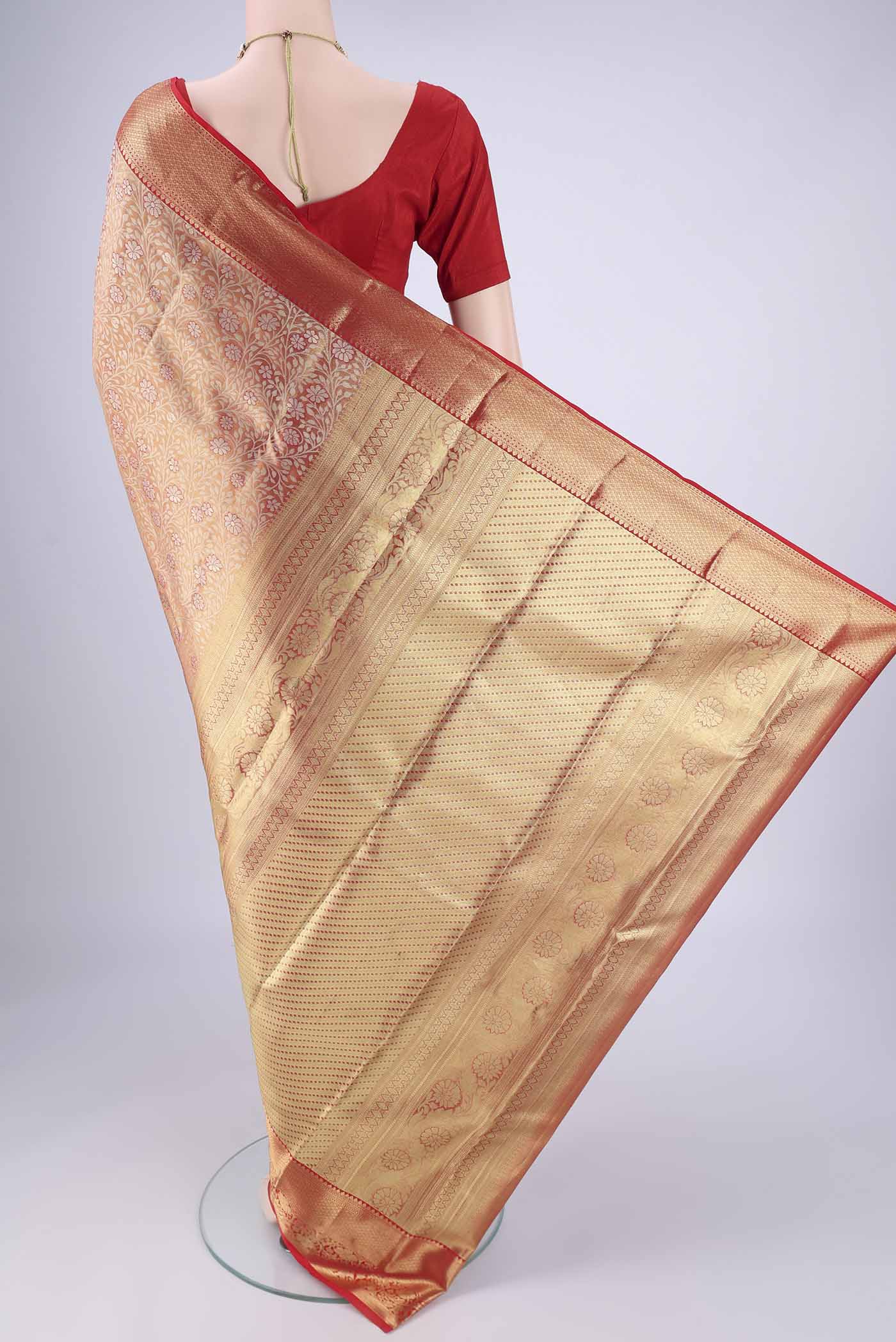 Flat view of Gold with Red Dual Tone Kanjivaram Tissue Silk Saree with Zari Brocade on the body and Zari Border. 