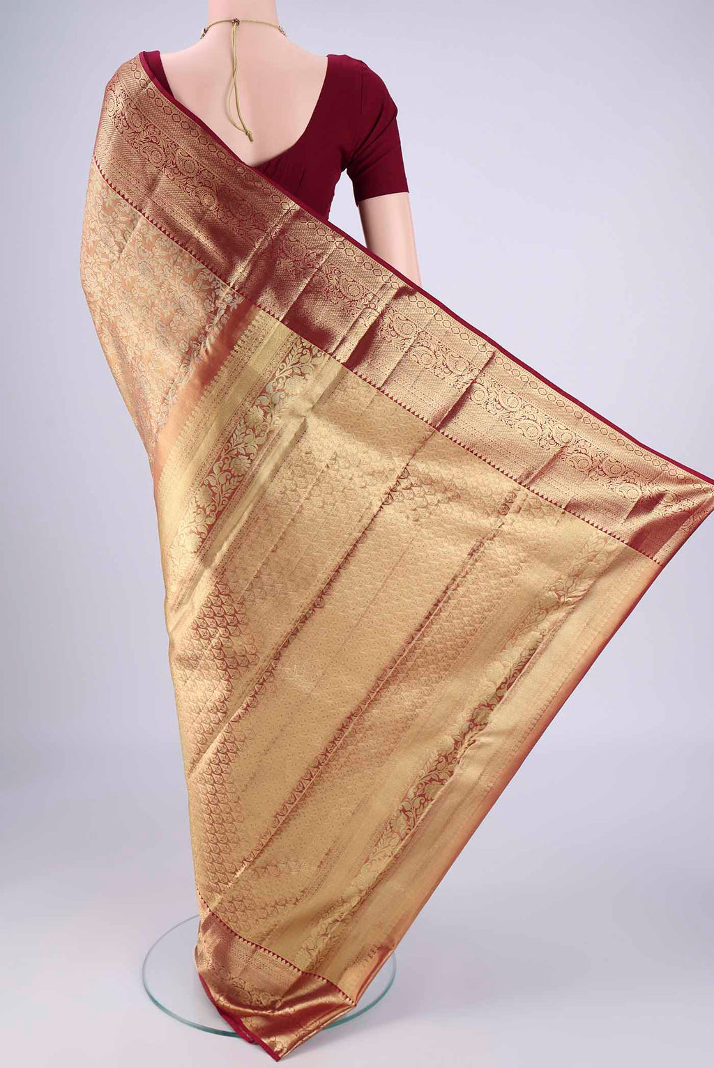 Flat view of Gold with Red Dual Tone Kanjivaram Tissue Silk Saree with Zari Brocade on the body and Zari Border. 