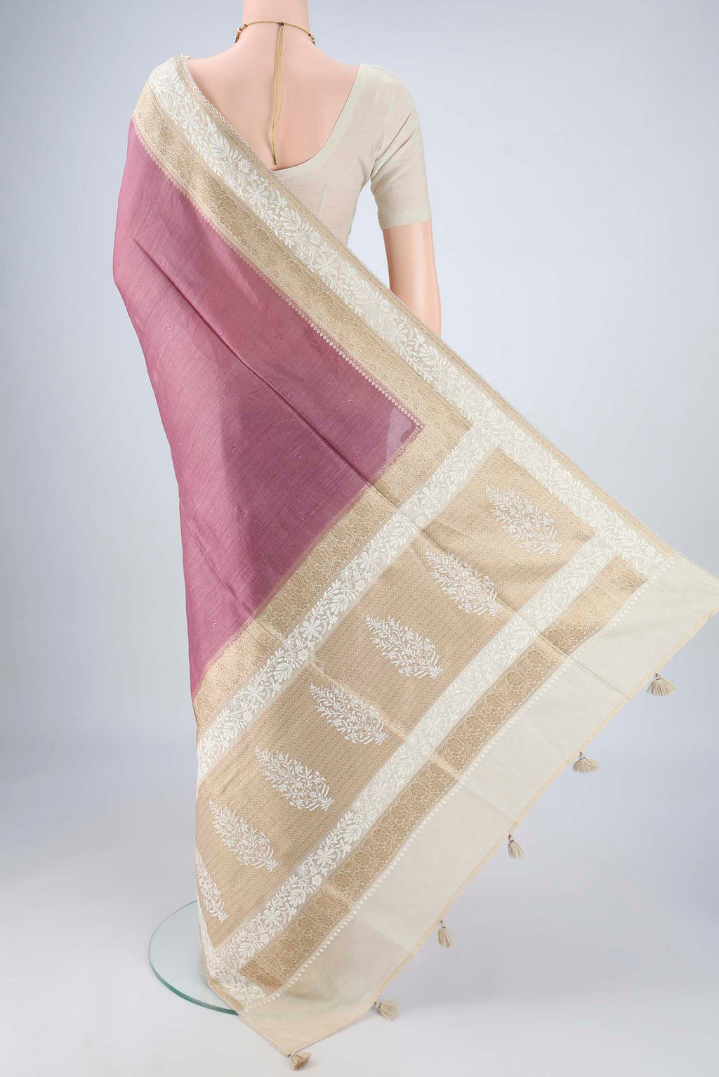Flat view of Mauve MP Tussar Saree with Embroidery on the body and Zari And Thread Border. 