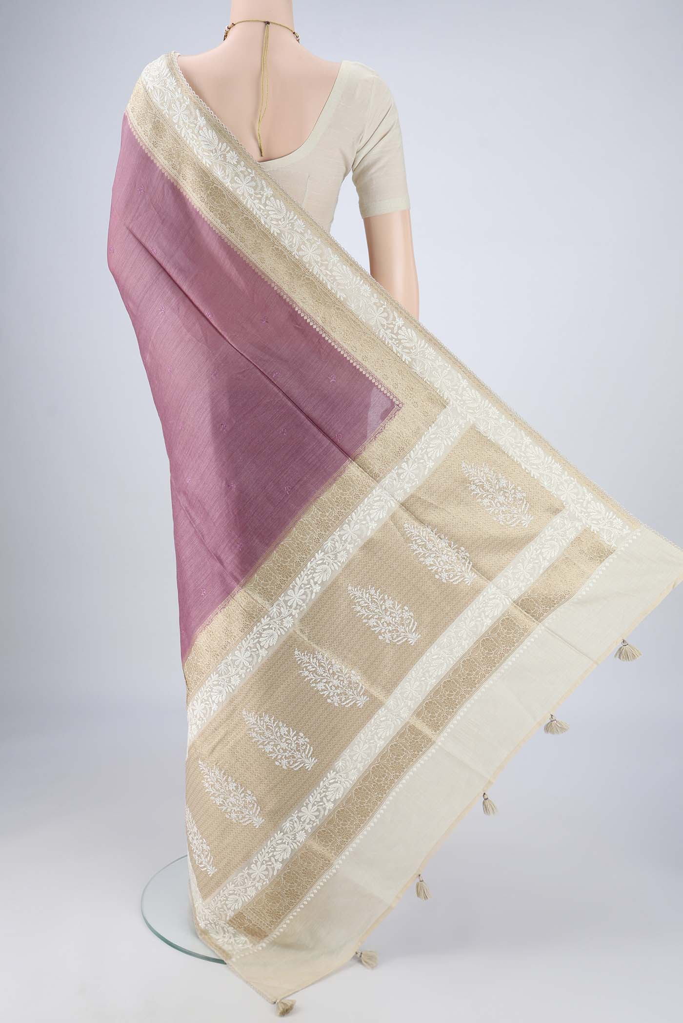 Flat view of Mauve MP Tussar Saree with Embroidery on the body and Zari And Thread Border. 