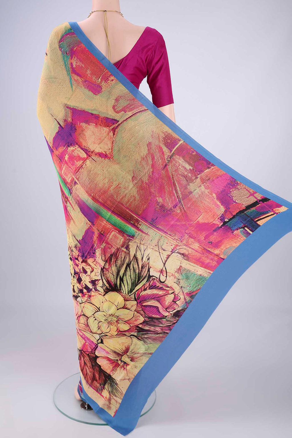 Flat view of Multi Color Mysore Crepe Saree with Printed design on the body and Printed Border. 