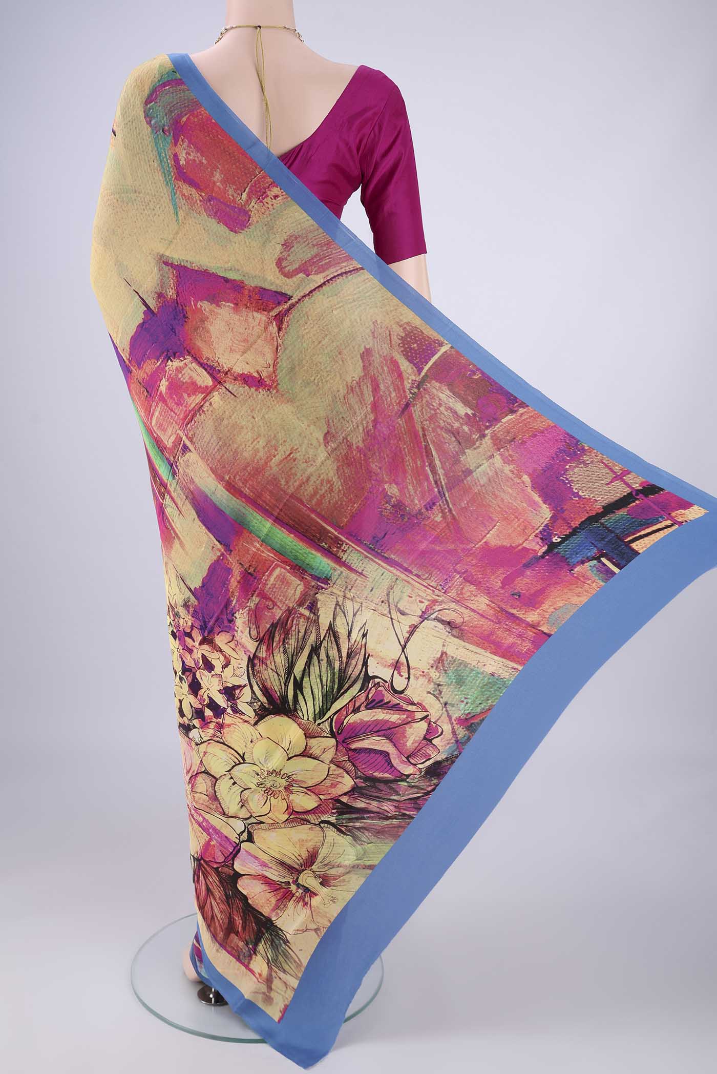 Flat view of Multi Color Mysore Crepe Saree with Printed design on the body and Printed Border. 