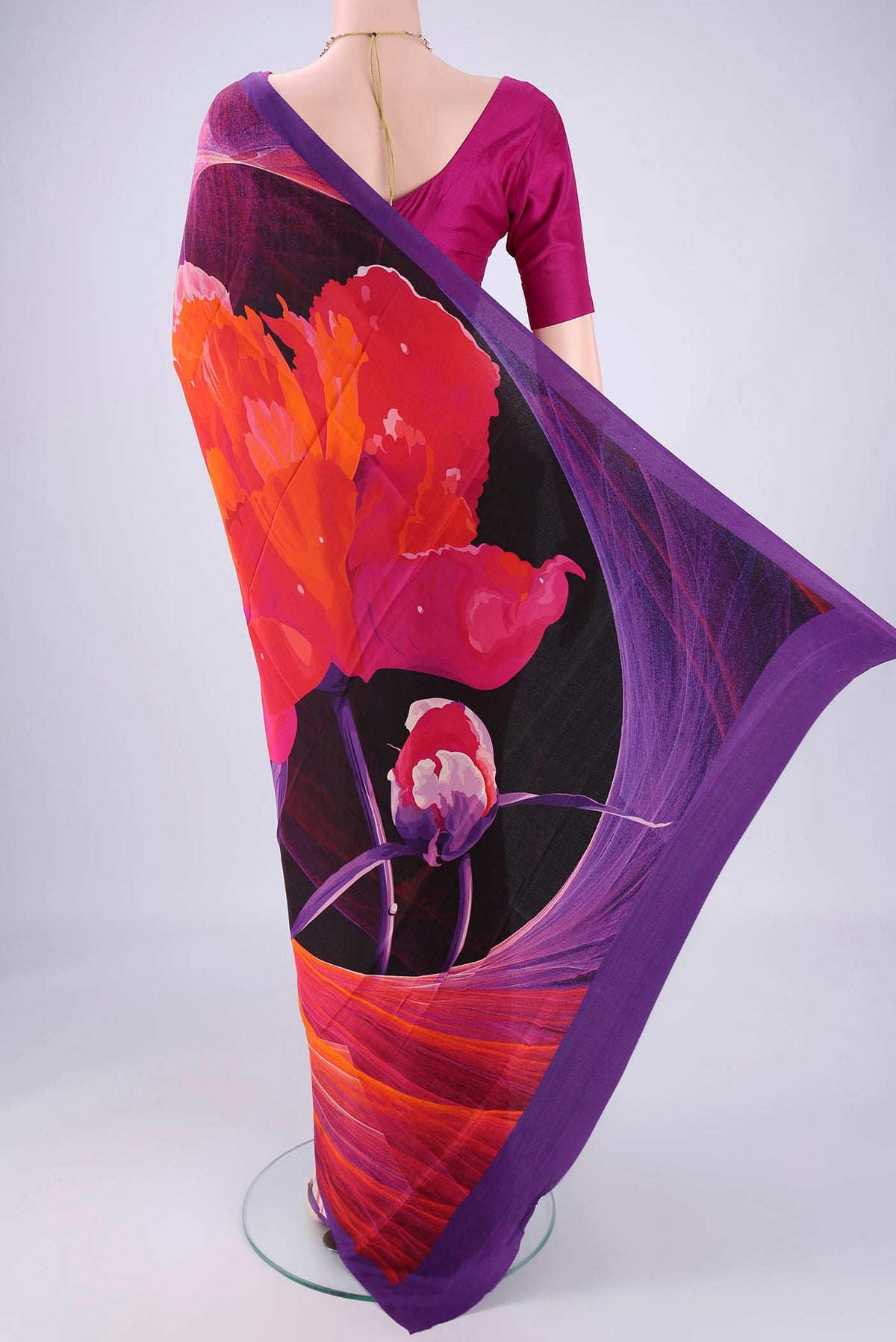 Flat view of Multi Color Mysore Crepe Saree with Printed design on the body and Printed Border. 