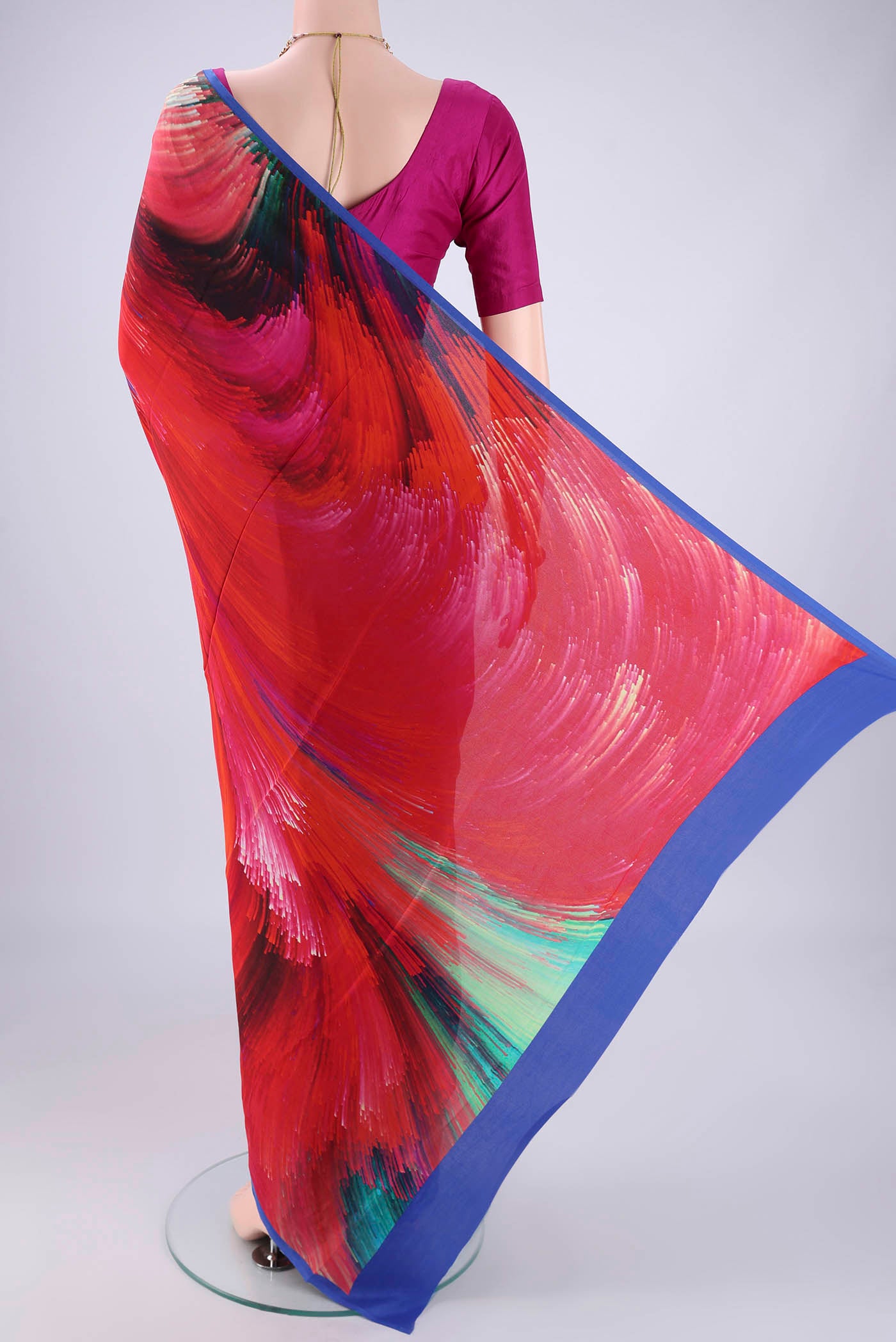 Flat view of Multi Color Mysore Crepe Saree with Printed design on the body and Printed Border. 