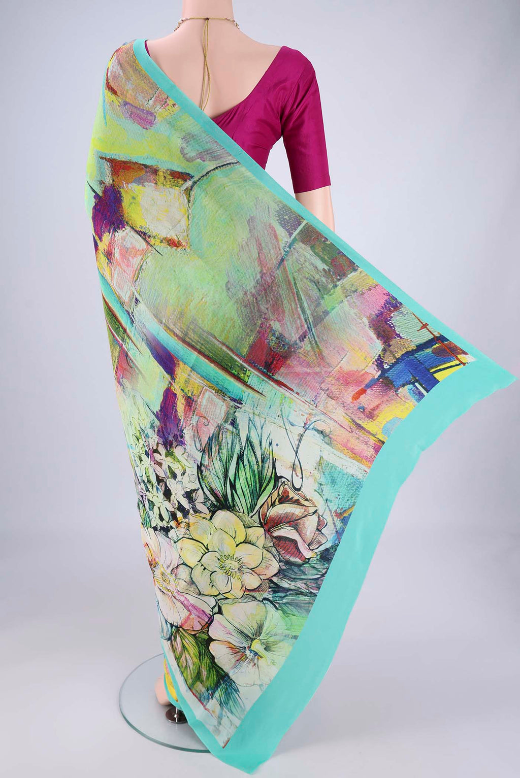 Flat view of Multi Color Mysore Crepe Saree with Printed design on the body and Printed Border. 