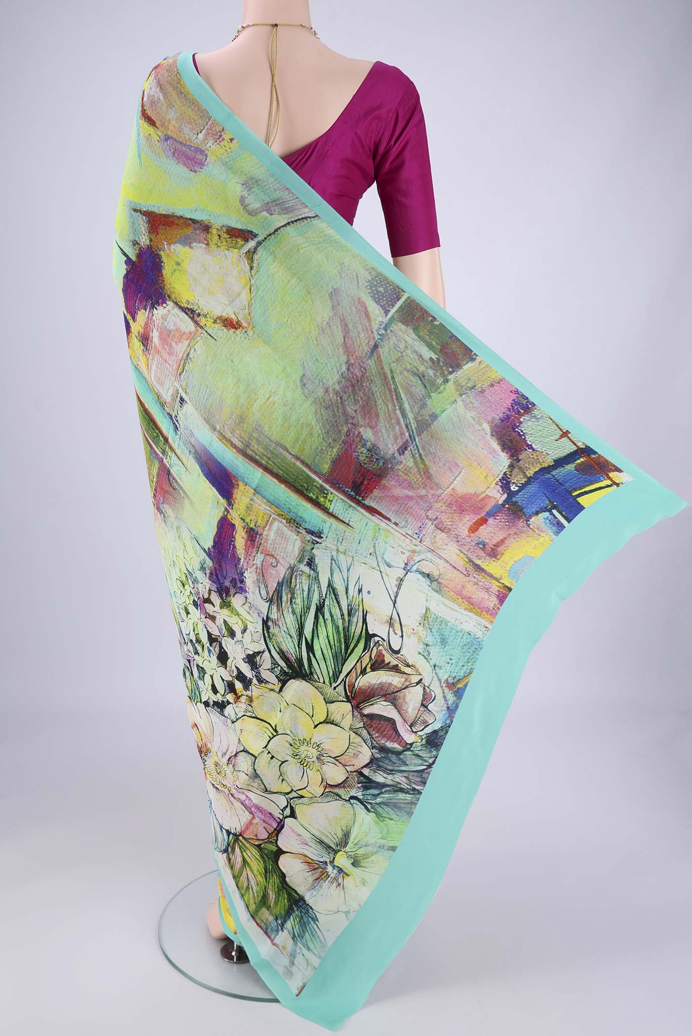 Flat view of Multi Color Mysore Crepe Saree with Printed design on the body and Printed Border. 