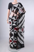 Black Mysore Chiffon Saree with Geometric Print on the body and Without Border.  displayed on a mannequin