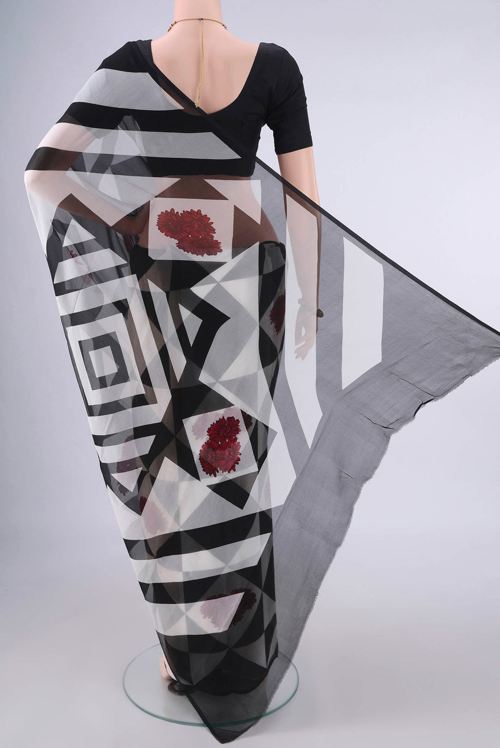 Flat view of Black Mysore Chiffon Saree with Geometric Print on the body and Without Border. 