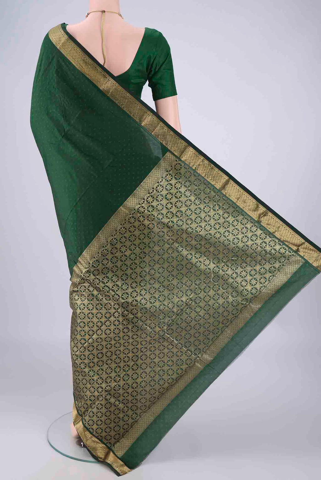 Flat view of Bottle Green Blended Bangalore Silk Saree with Jacquard design on the body and Zari Border. 