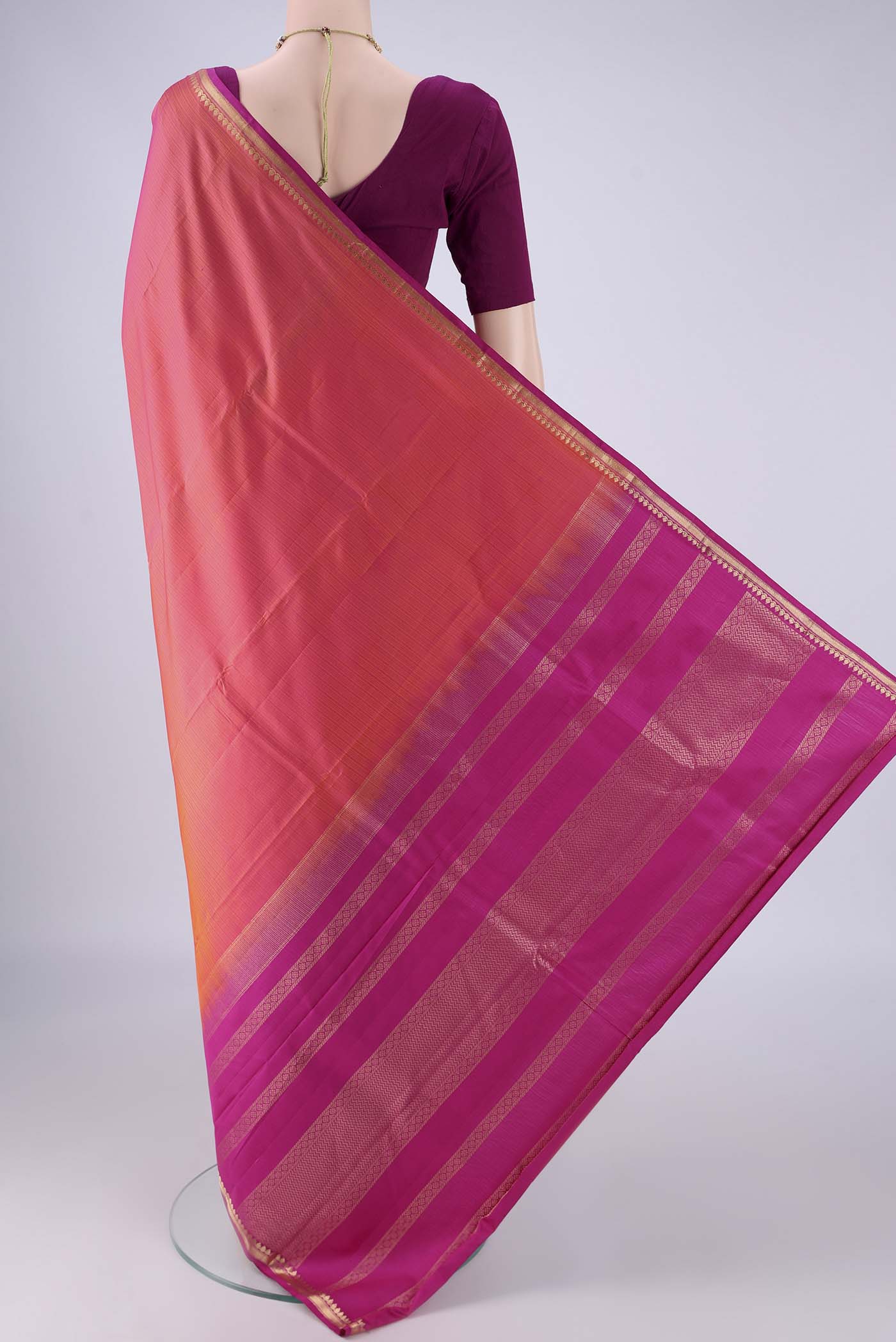 Flat view of Multi Color Kanjivaram Silk Saree with Plain Body and Zari Border. 