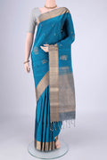 Blue Soft Silk Saree with Zari Butta on the body and Zari Border.  displayed on a mannequin