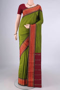 Mehandi Green Blended Bangalore Silk Saree with Plain Body and Zari Border.  displayed on a mannequin