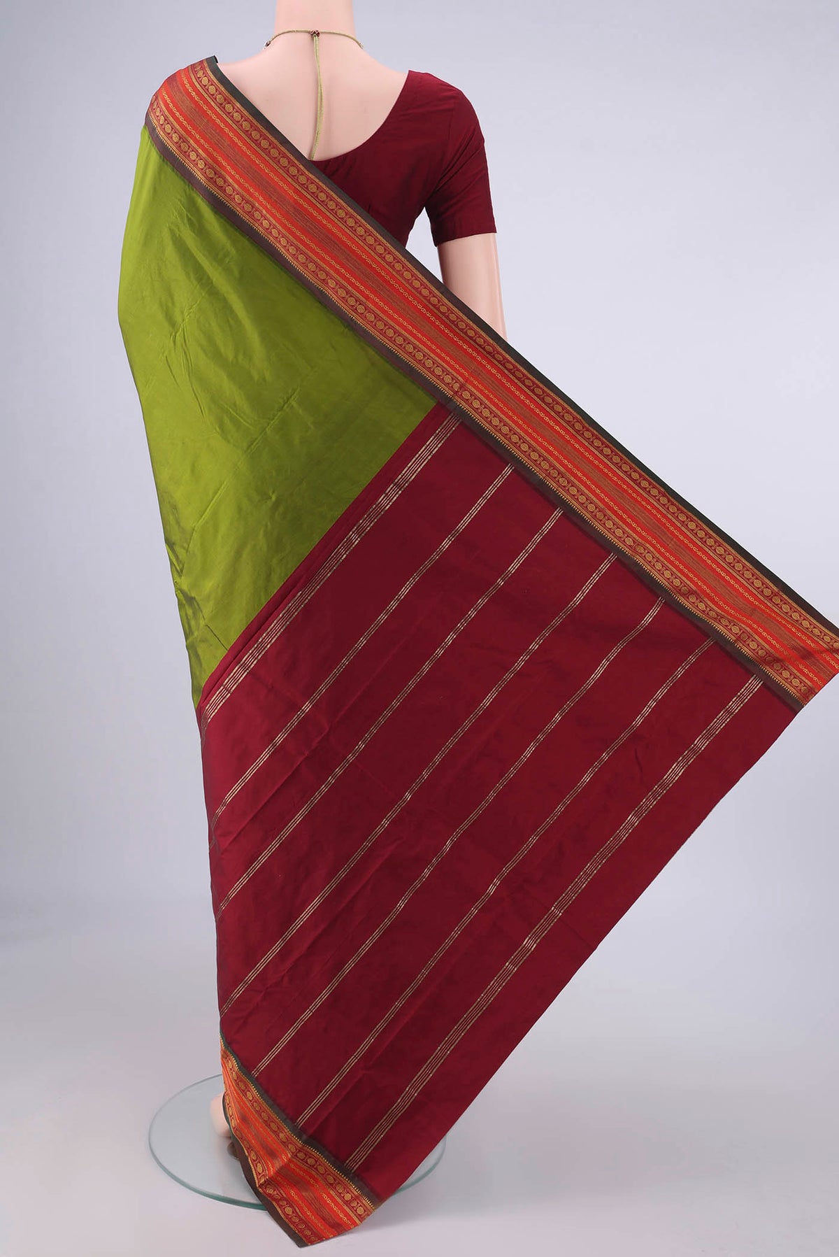 Flat view of Mehandi Green Blended Bangalore Silk Saree with Plain Body and Zari Border. 