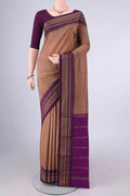 Brown Blended Bangalore Silk Saree with Plain Body and Zari Border.  displayed on a mannequin