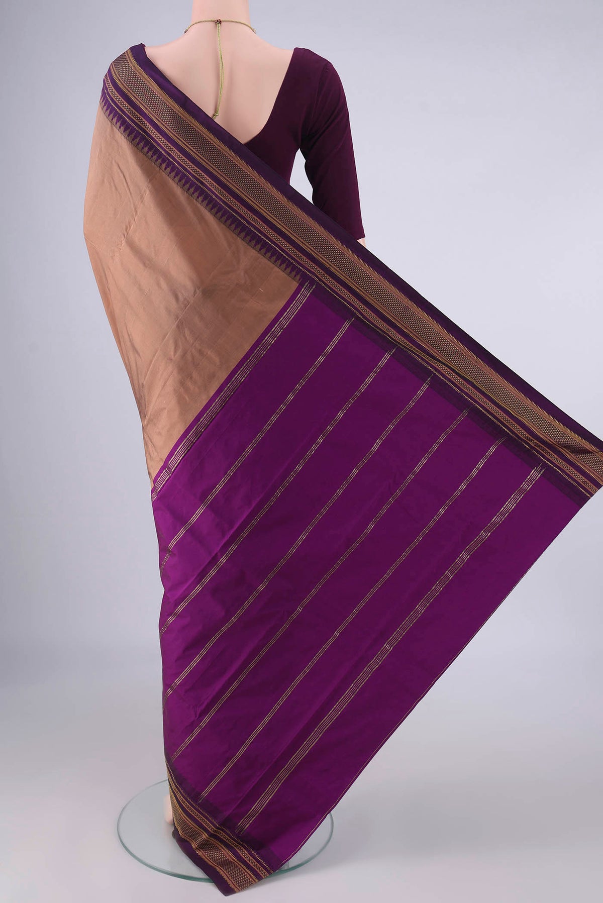 Flat view of Brown Blended Bangalore Silk Saree with Plain Body and Zari Border. 