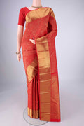 Pure Silk Pure Zari Red Kanjivaram Saree with Zari Brocade on the body and Zari Border.  displayed on a mannequin