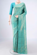 Turquoise Kanchipuram Silk Saree with Zari Brocade on the body and Zari Border.  displayed on a mannequin
