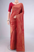 Pure Silk Red Kanchipuram Saree with Zari Brocade on the body and Zari Border.  displayed on a mannequin