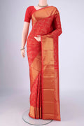 Red Kanchipuram Silk Saree with Zari Brocade on the body and Zari Border.  displayed on a mannequin