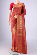 Maroon Kanjivaram Silk Saree with Zari Brocade on the body and Zari Border.  displayed on a mannequin