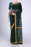 Bottle Green Uppada Cotton Saree with Thread Butta on the body and Zari Border.  displayed on a mannequin