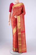 Pure Silk Pure Zari Red Kanjivaram Saree with Zari Brocade on the body and Zari Border.  displayed on a mannequin