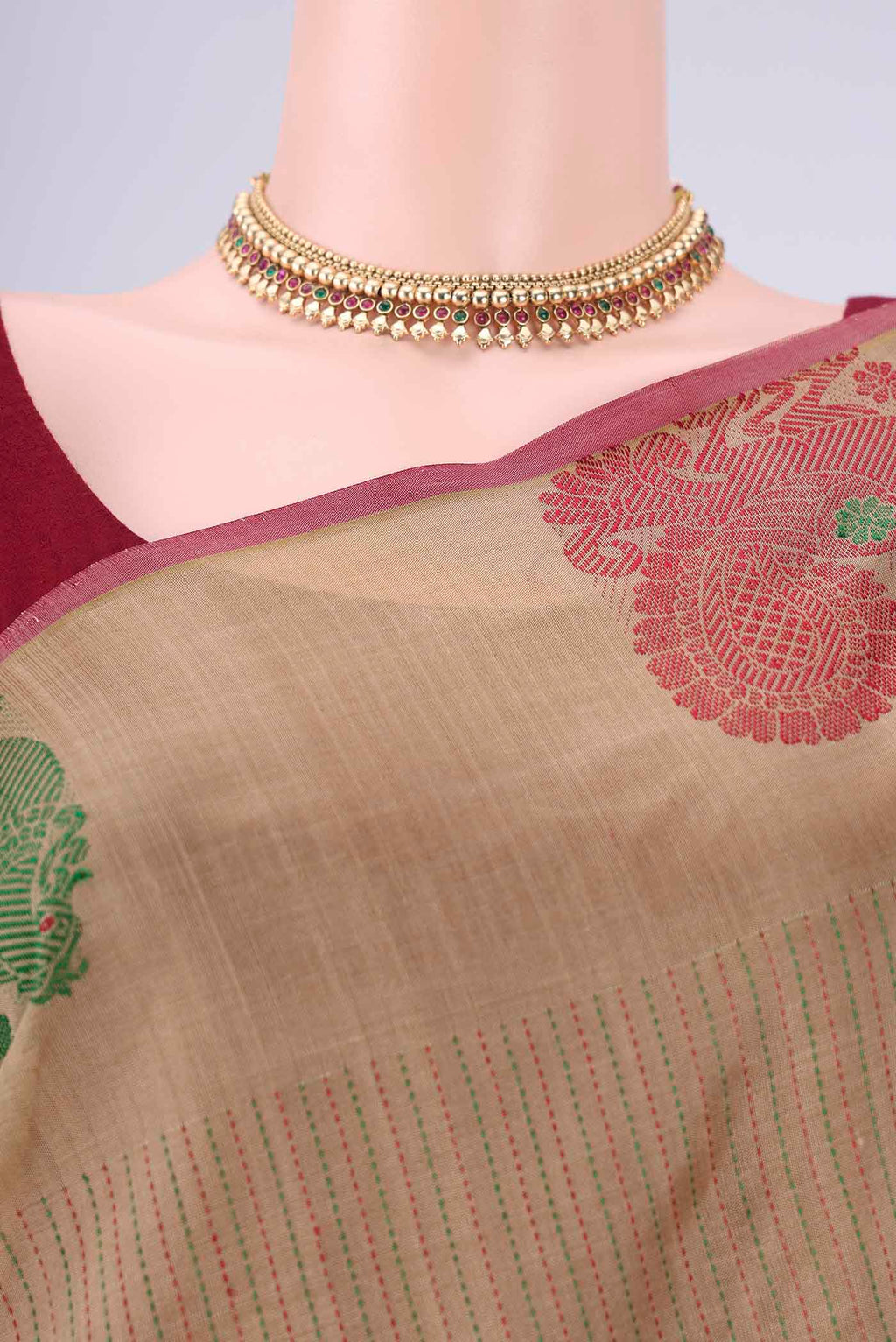 Border image of Dark Beige Coimbatore Silk Cotton Saree with Stripes on the body and Thread Border. 