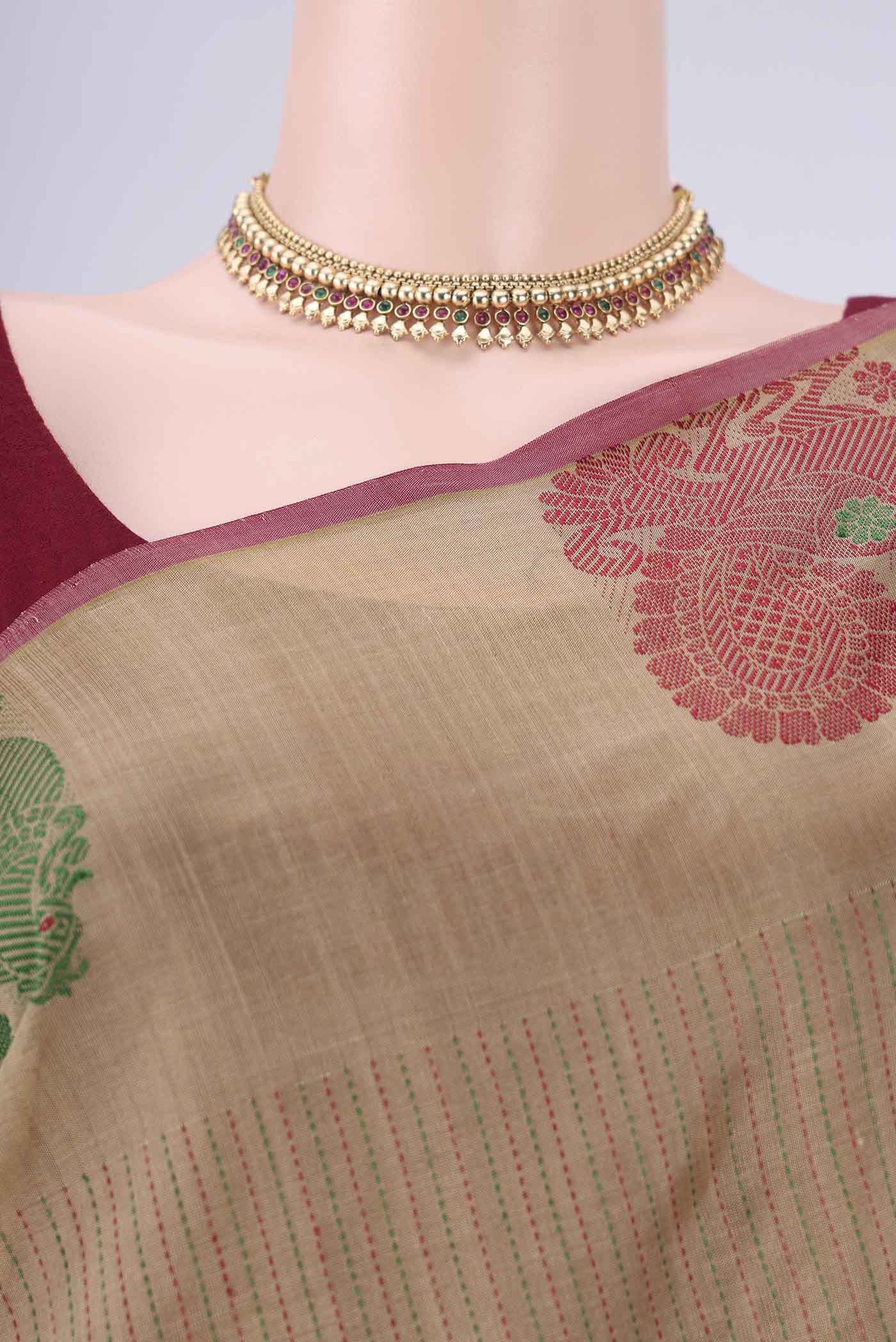 Border image of Dark Beige Coimbatore Silk Cotton Saree with Stripes on the body and Thread Border. 