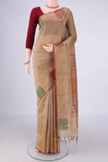 Dark Beige Coimbatore Silk Cotton Saree with Stripes on the body and Thread Border.  displayed on a mannequin