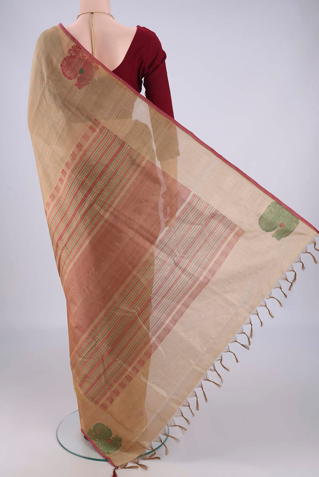 Flat view of Dark Beige Coimbatore Silk Cotton Saree with Stripes on the body and Thread Border. 