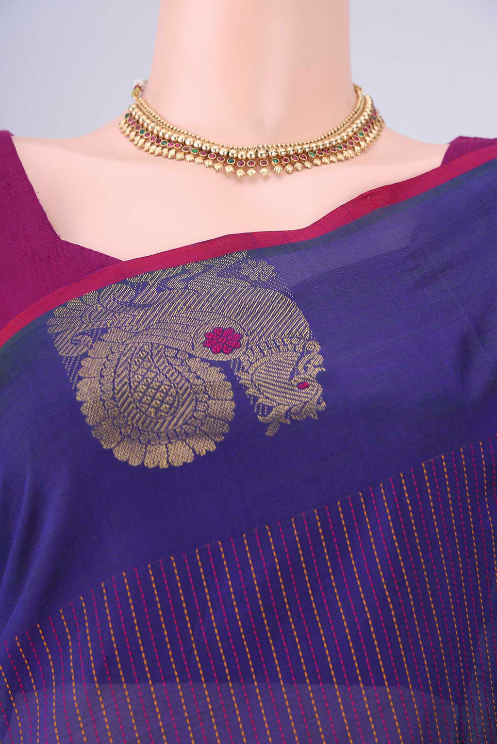 Border image of Peacock Blue Coimbatore Silk Cotton Saree with Stripes on the body and Zari Border. 