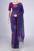 Peacock Blue Coimbatore Silk Cotton Saree with Stripes on the body and Zari Border.  displayed on a mannequin