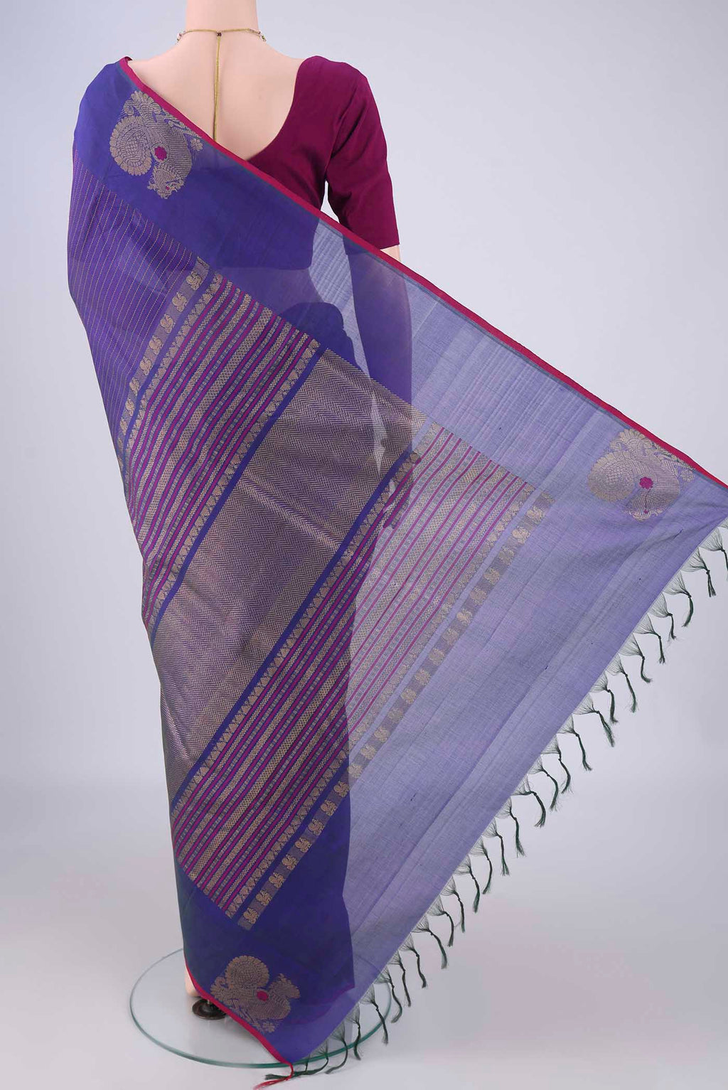 Flat view of Peacock Blue Coimbatore Silk Cotton Saree with Stripes on the body and Zari Border. 