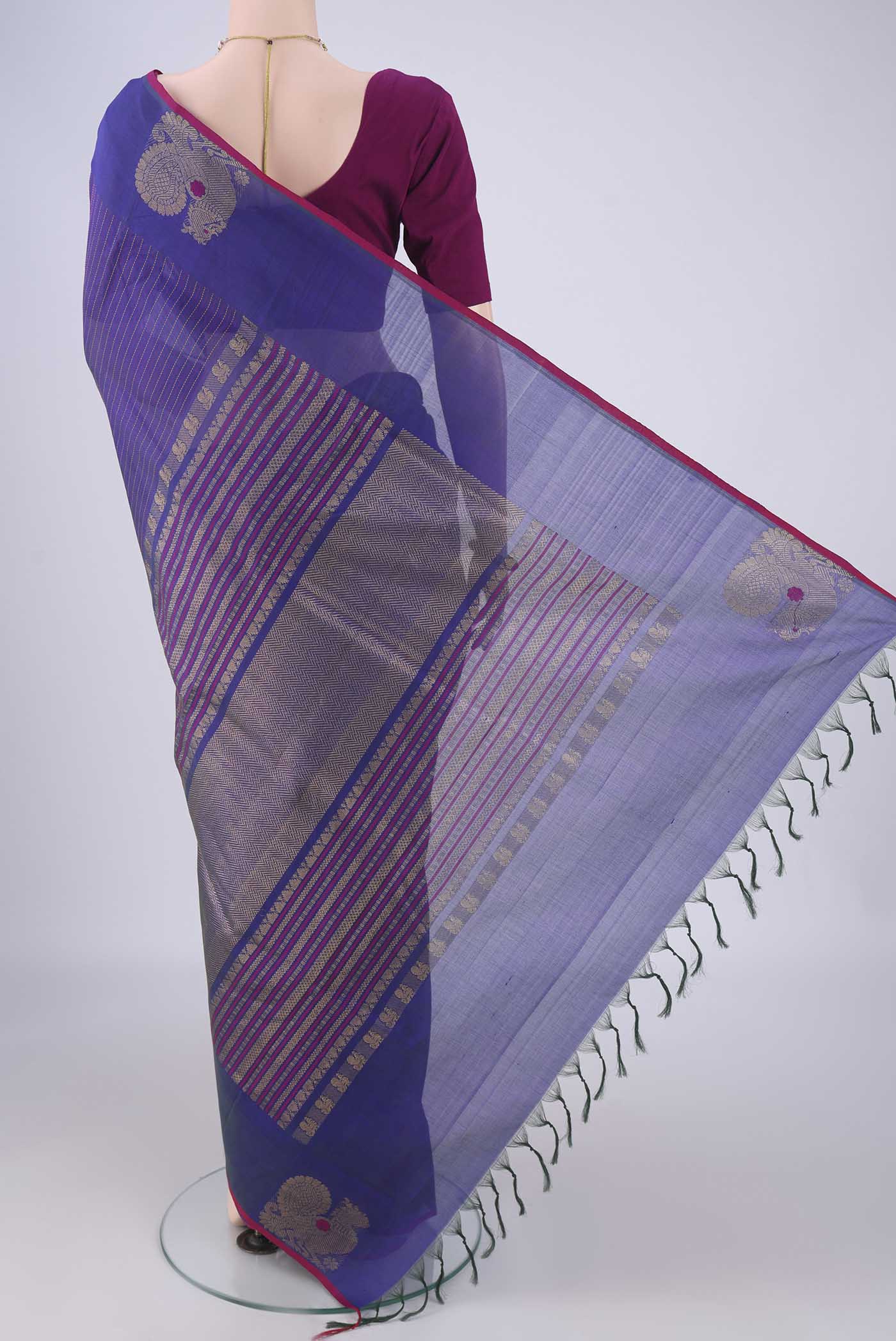 Flat view of Peacock Blue Coimbatore Silk Cotton Saree with Stripes on the body and Zari Border. 