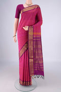 Dark Pink Blended Poly Cotton Saree with Zari Butta on the body and Zari Border.  displayed on a mannequin