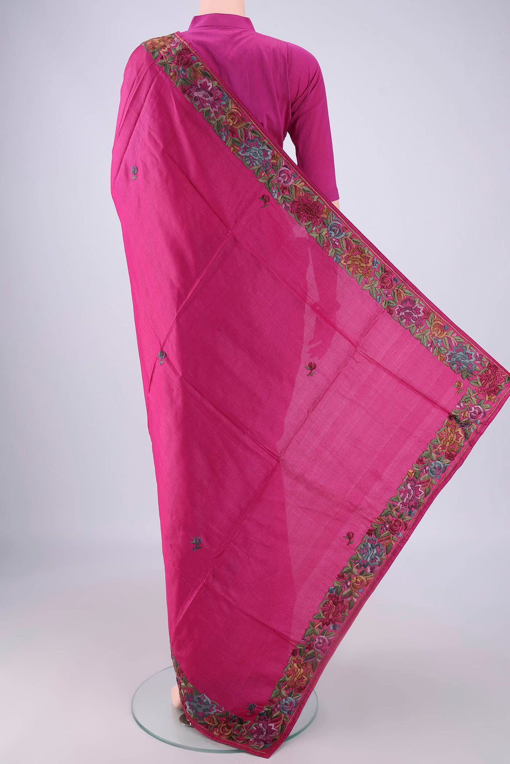 Flat view of Magenta Parsi Embroidery Saree with Plain Body and Thread Border. 
