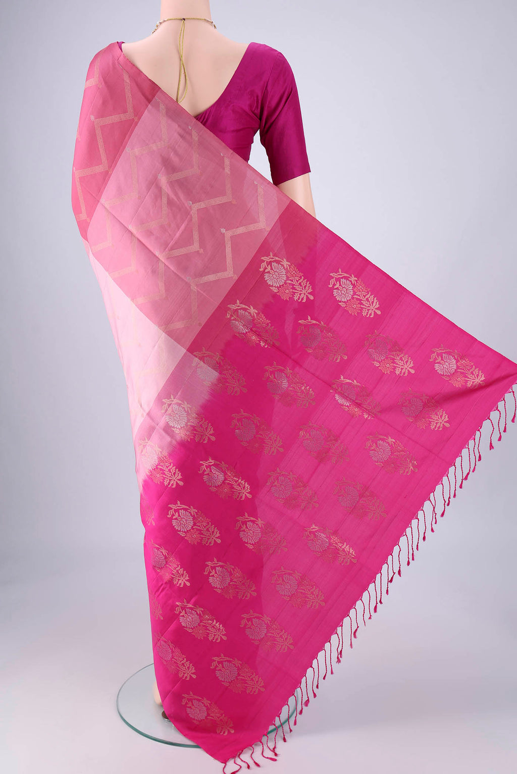 Flat view of Multi Color Soft Silk Saree with Zari Butta on the body and Without Border. 