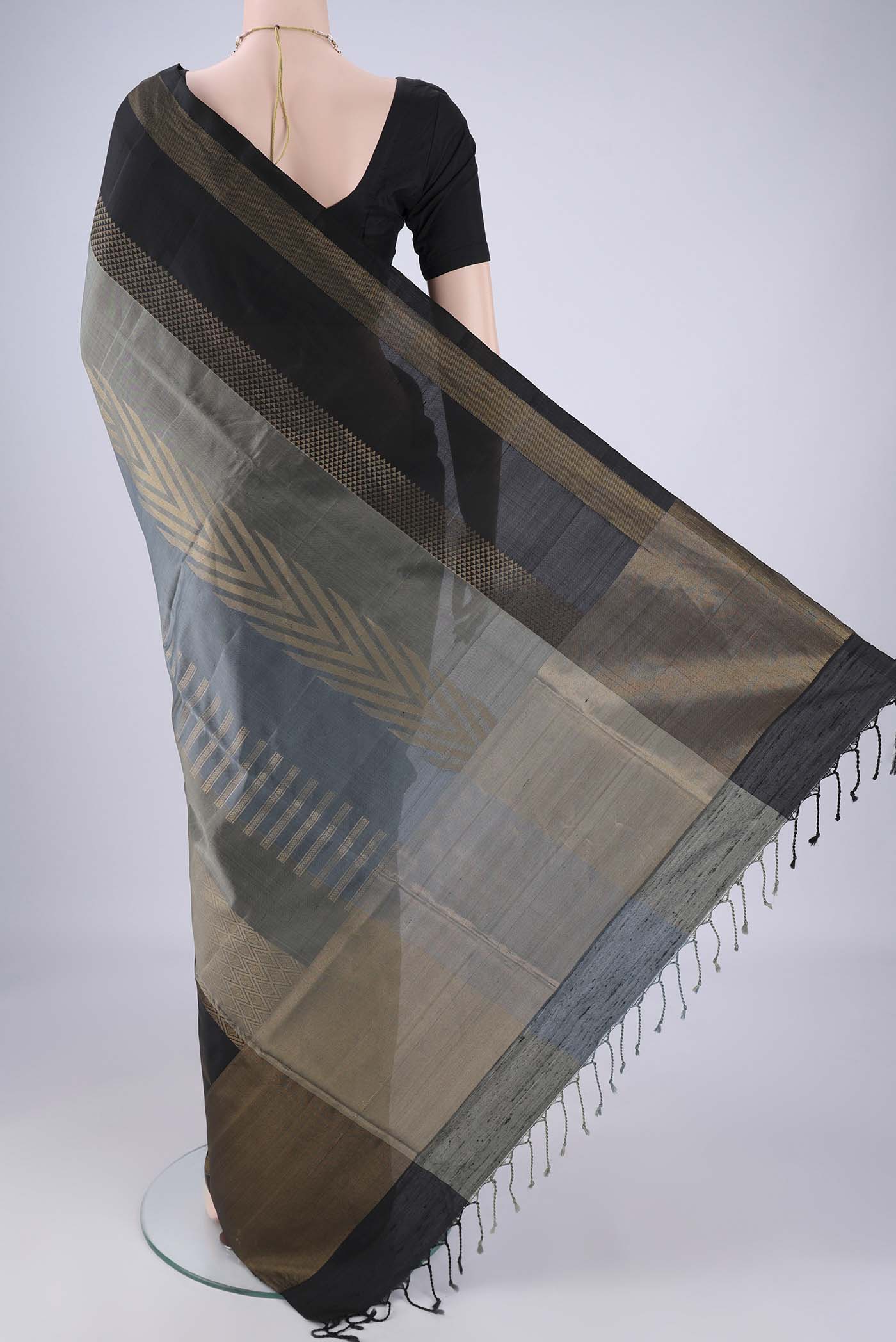 Flat view of Multi Color Soft Silk Saree with Stripes on the body and Zari Border. 