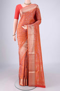 Brick Orange Dual Tone Soft Silk Saree with Zari Brocade on the body and Zari Border.  displayed on a mannequin
