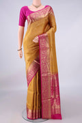 Pure Silk Yellow Soft Saree with Zari Brocade on the body and Zari Border.  displayed on a mannequin