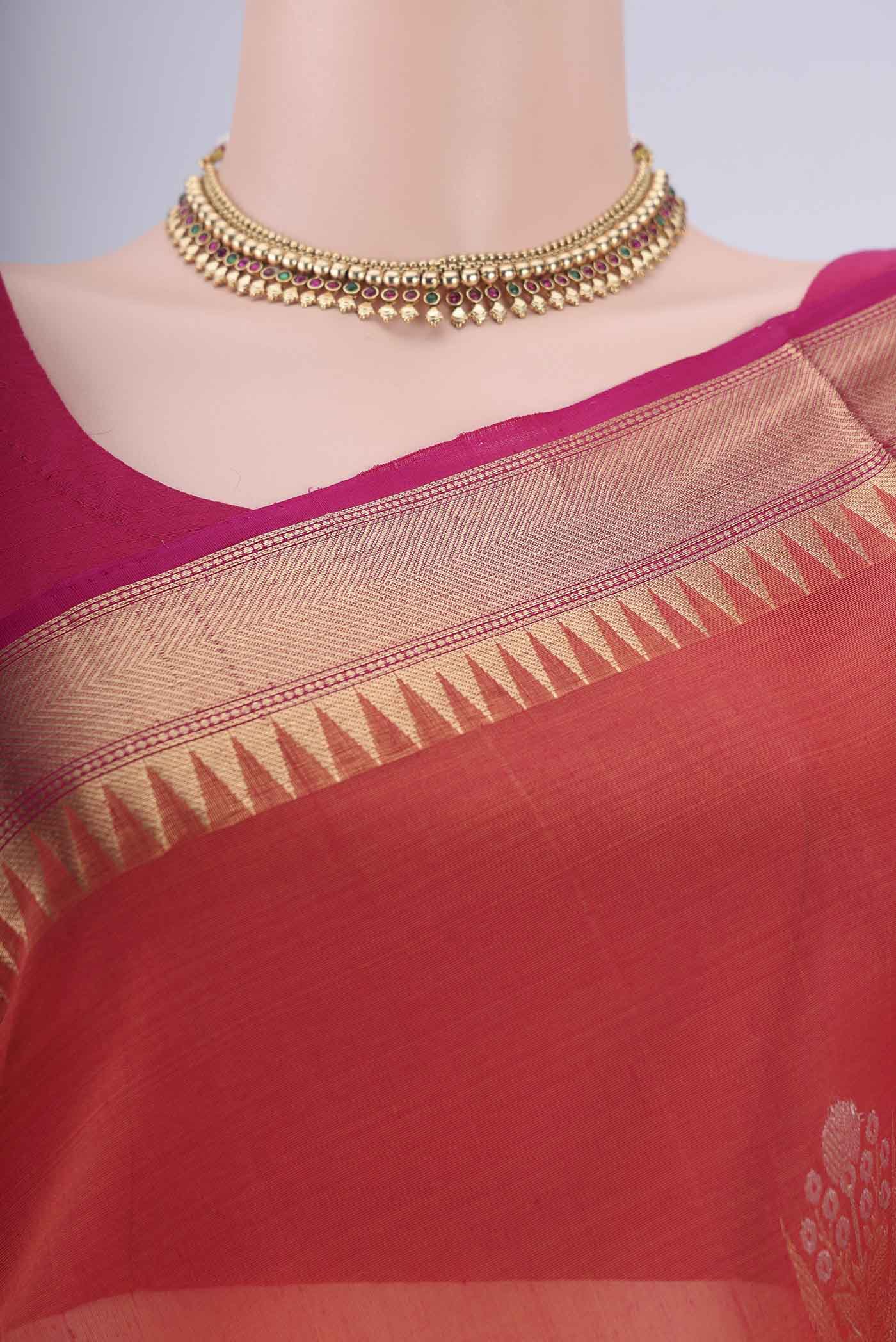 Border image of Brick Orange Kora Cotton Saree with Zari Butta on the body and Zari Border. 