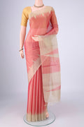 Red MP Tussar Saree with Plain Body and Temple Border.  displayed on a mannequin