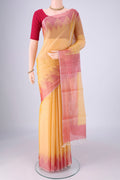 Yellow MP Tussar Saree with Plain Body and Temple Border.  displayed on a mannequin
