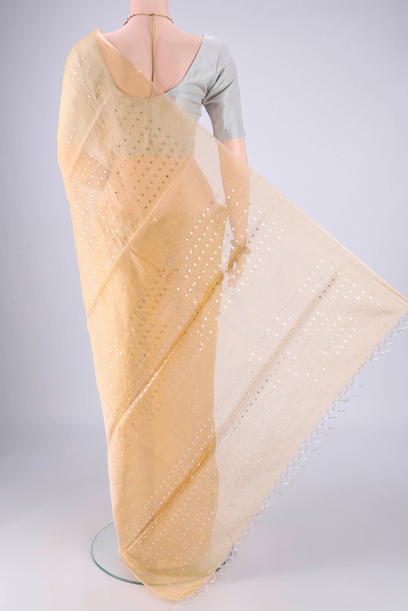 Flat view of Lemon Yellow MP Tussar Saree with Embroidery on the body and Thin Zari Line. 