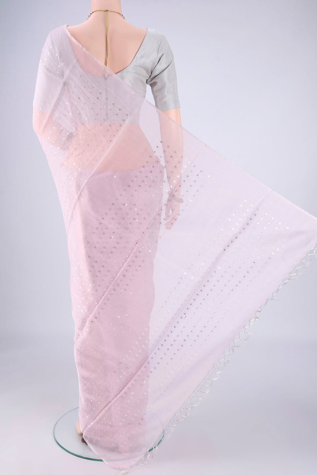 Flat view of Rose pink MP Tussar Saree with Embroidery on the body and Thin Zari Line. 