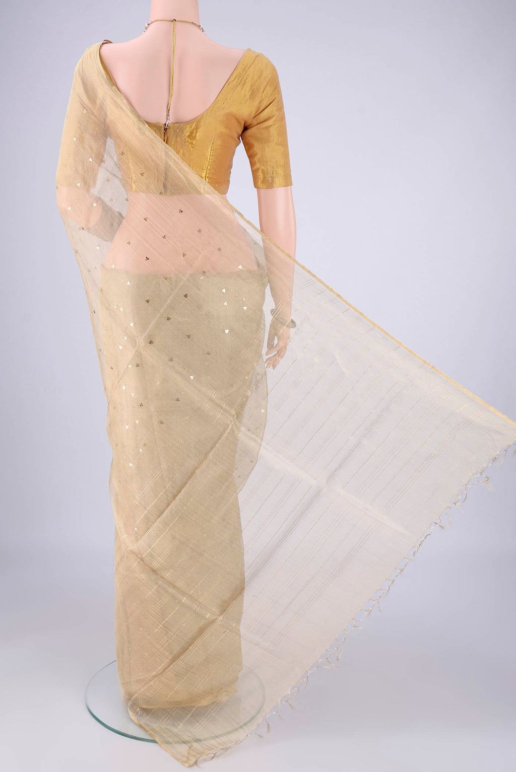 Flat view of Dark Beige MP Tussar Saree with Embroidery on the body and Thin Zari Line. 