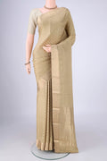 Dark Beige Mysore Crepe Saree with Zari Brocade on the body and Zari Border.  displayed on a mannequin