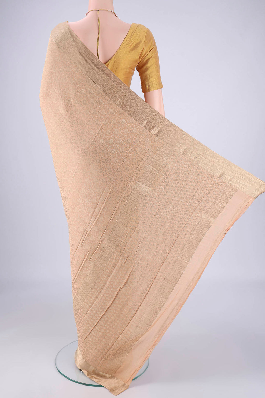 Flat view of Sandal Mysore Crepe Saree with Zari Brocade on the body and Zari Border. 